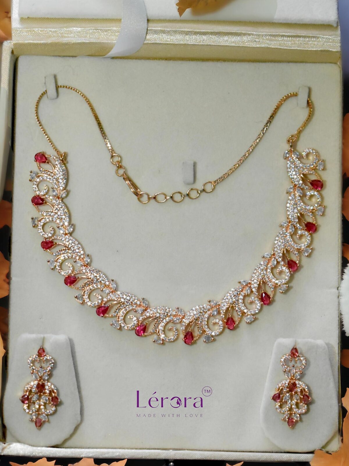 LERORA Elegant Rose Gold AD Necklace and Earring Set – Perfect for Weddings and Parties LJ4