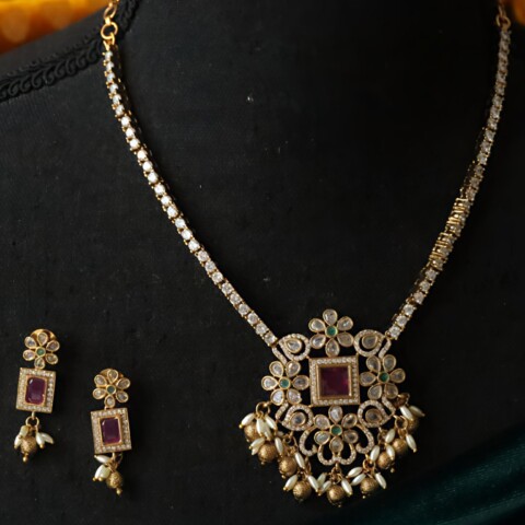 Antique Gold Plated Necklace Set with Ruby Stones